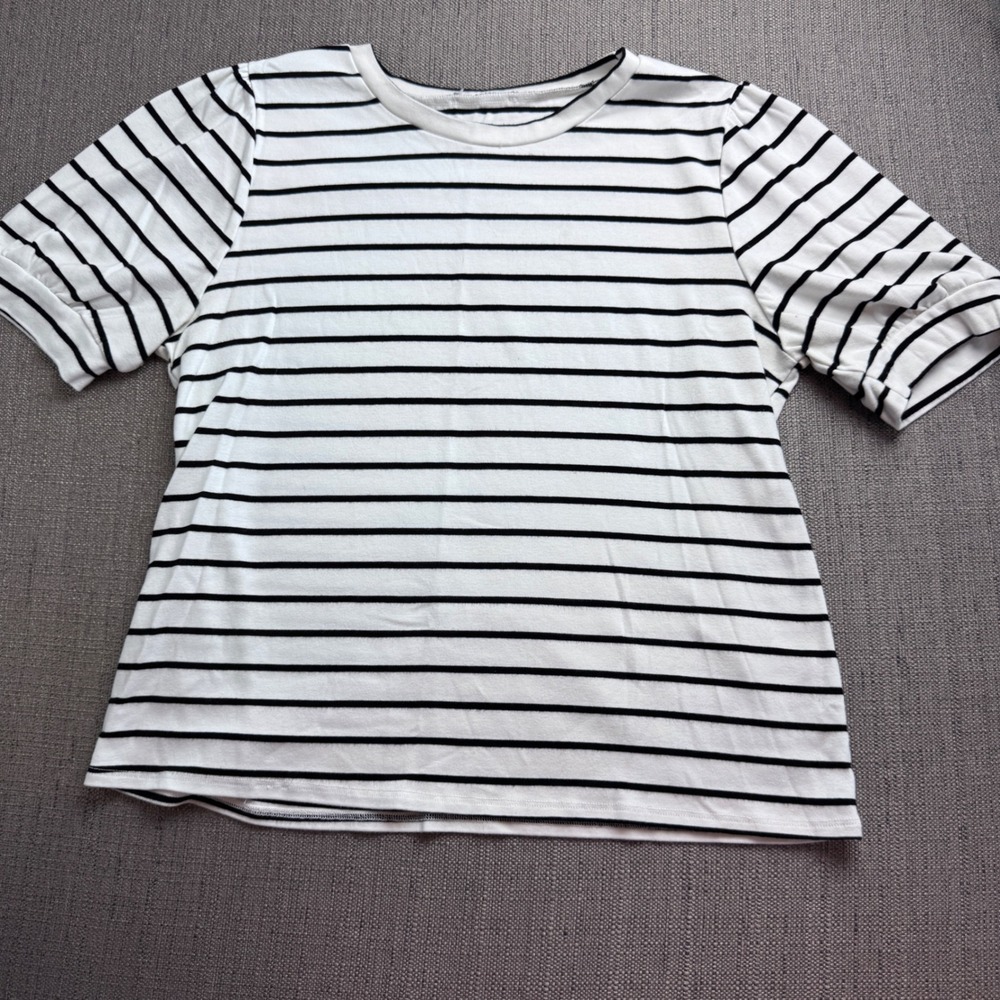 Womens Black White Striped Puff Sleeve Knit Top Crew Neck Short Sleeve Tee XL